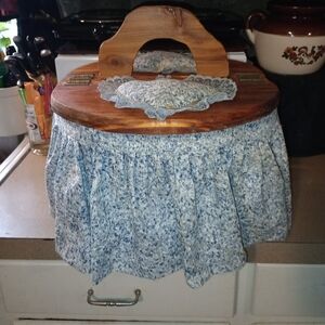 Rustic Vintage Wooden Sewing Basket With Blue Skirt
